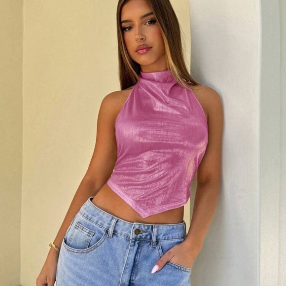 Aloruh Women's Solid Metallic Sleeveless Halter Tank Top - Picture 4 of 4